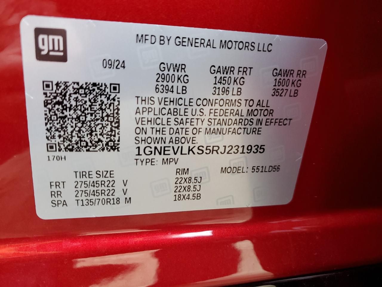 2024 CHEVROLET TRAVERSE RS VIN:1GNEVLKS5RJ231935