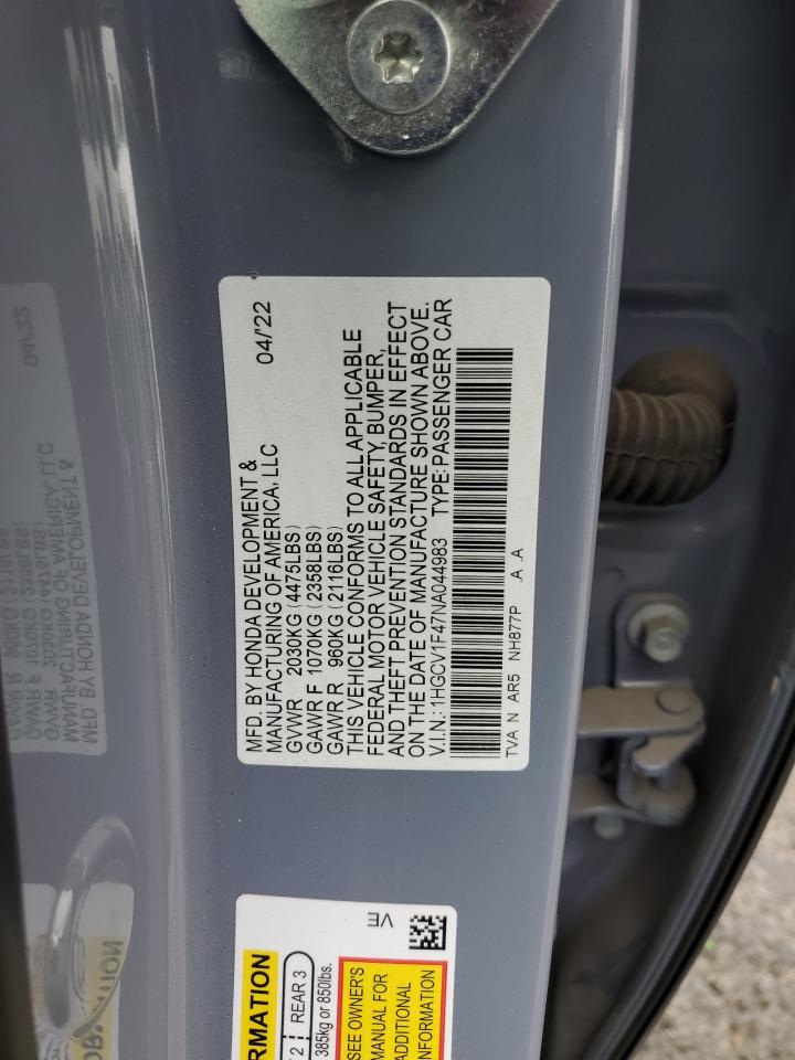 2022 HONDA ACCORD SPORT SE VIN:1HGCV1F47NA044983
