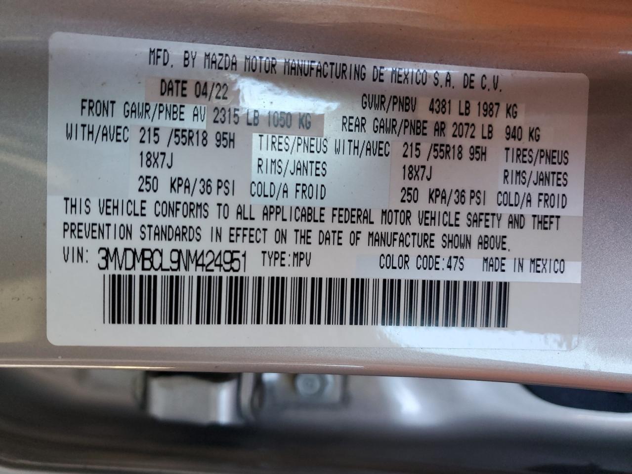 2022 MAZDA CX-30 PREFERRED VIN:3MVDMBCL9NM424951