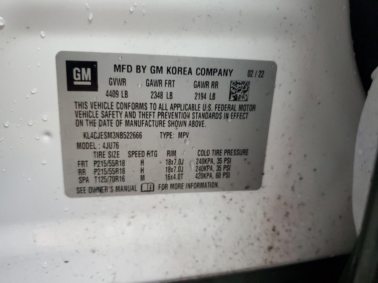 2022 BUICK ENCORE PREFERRED VIN:KL4CJESM3NB522666