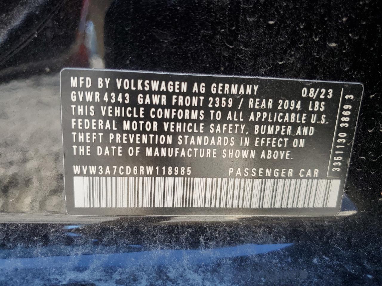 2024 VOLKSWAGEN GTI SE VIN:WVW3A7CD6RW118985