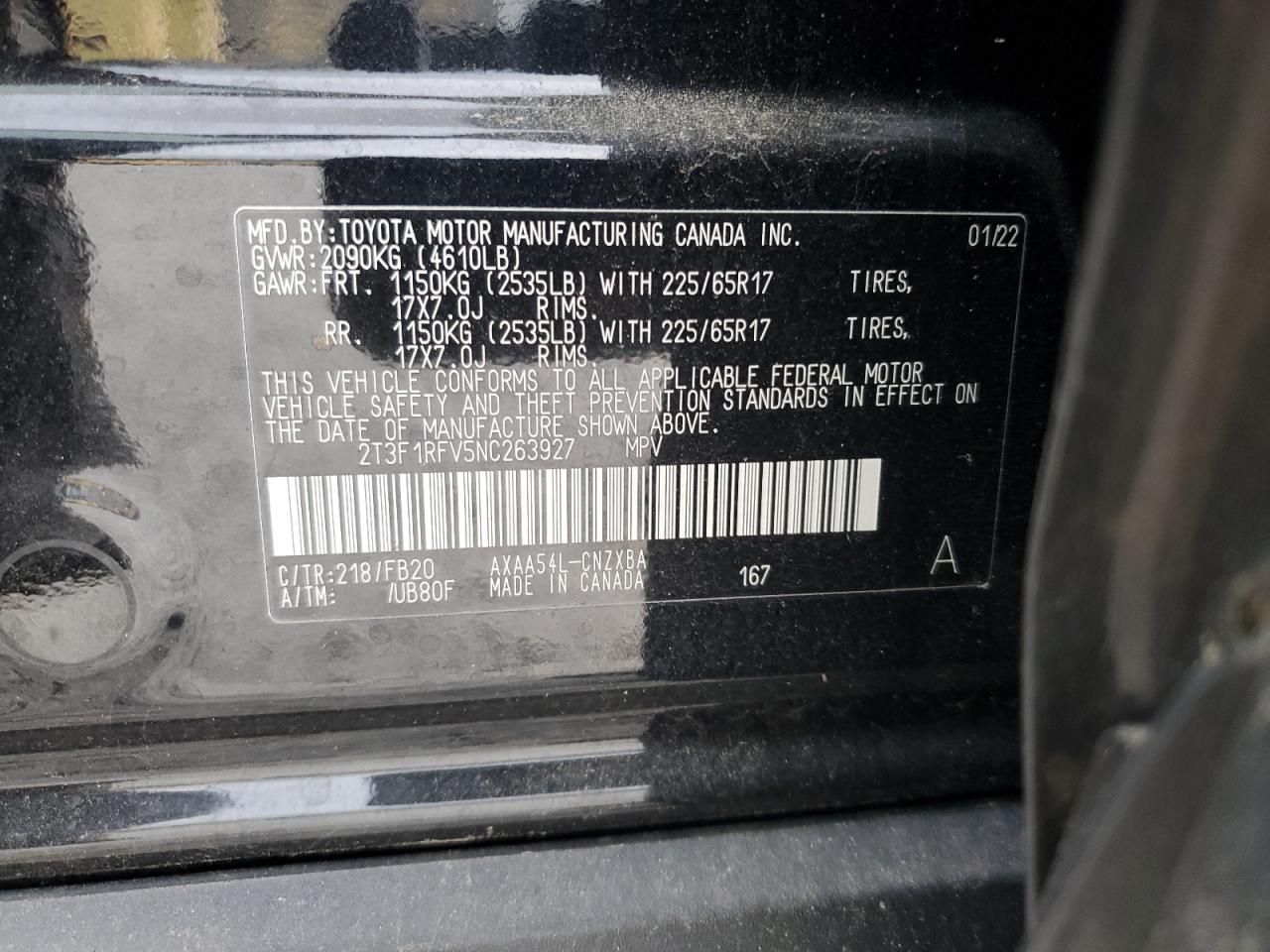 2022 TOYOTA RAV4 LE VIN:2T3F1RFV5NC263927