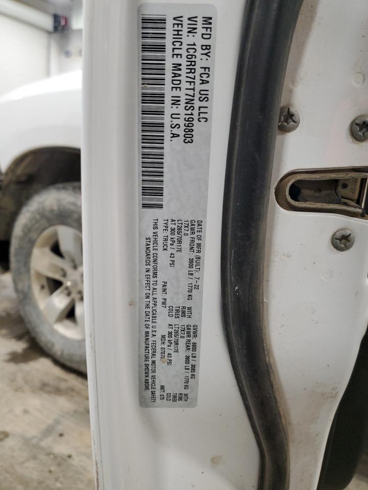 2022 RAM 1500 CLASSIC TRADESMAN VIN:1C6RR7FT7NS199803