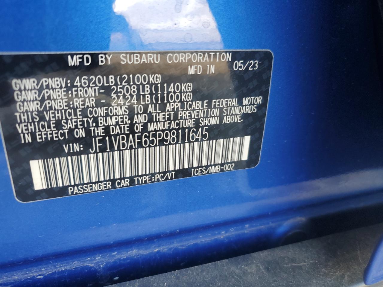 2023 SUBARU WRX PREMIUM VIN:JF1VBAF65P9811645