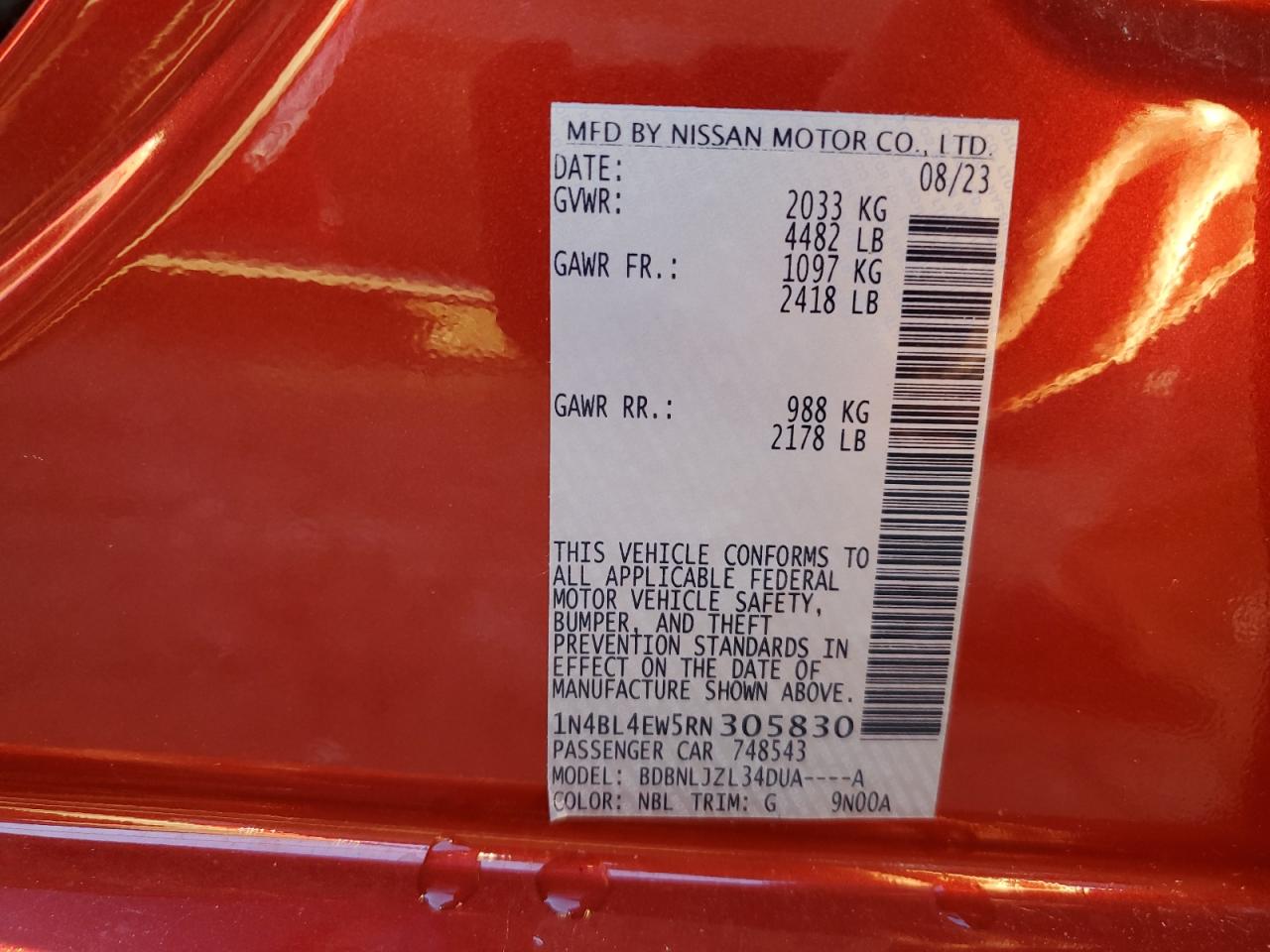 2024 NISSAN ALTIMA SL VIN:1N4BL4EW5RN305830