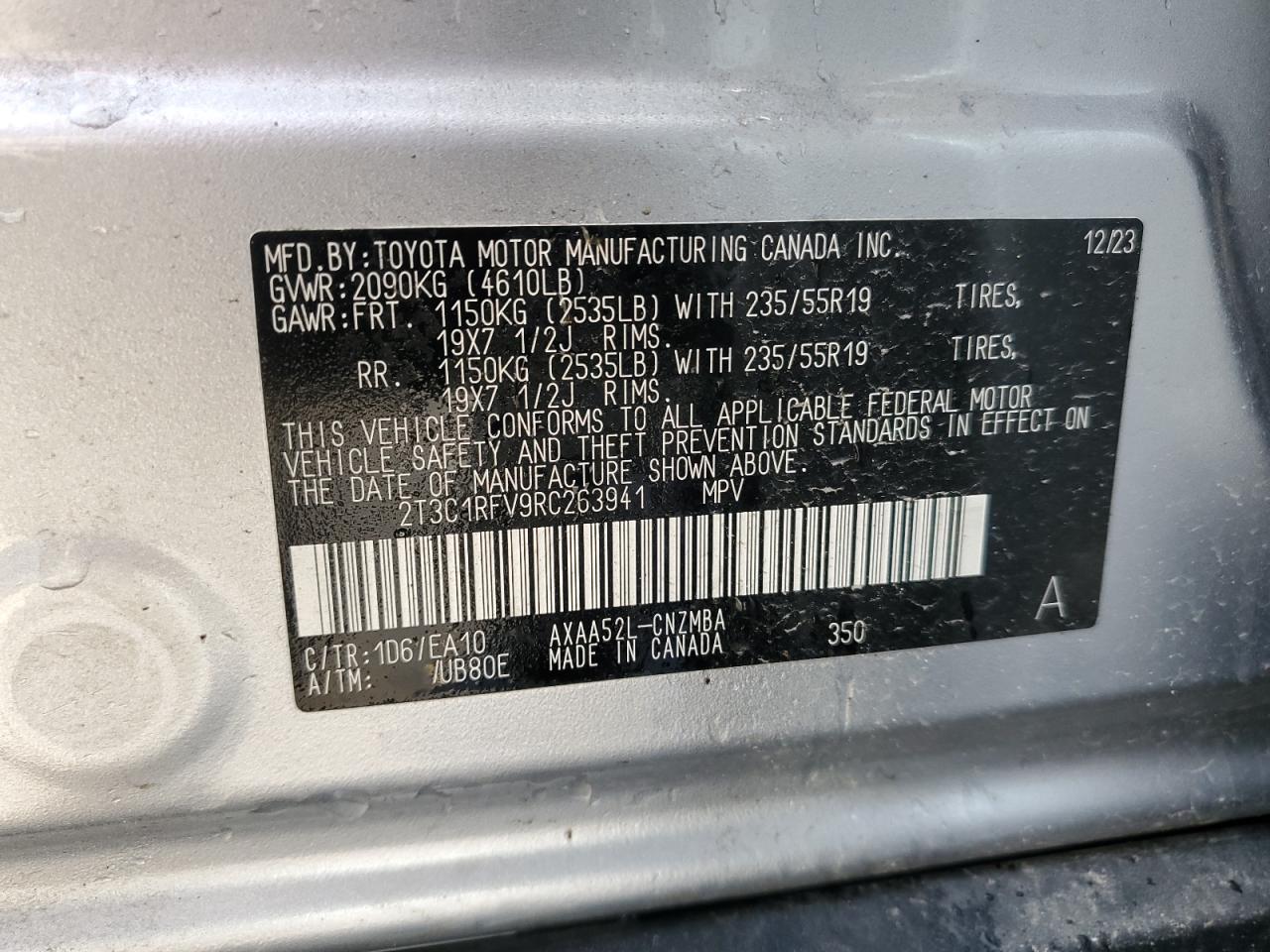 2024 TOYOTA RAV4 XLE PREMIUM VIN:2T3C1RFV9RC263941