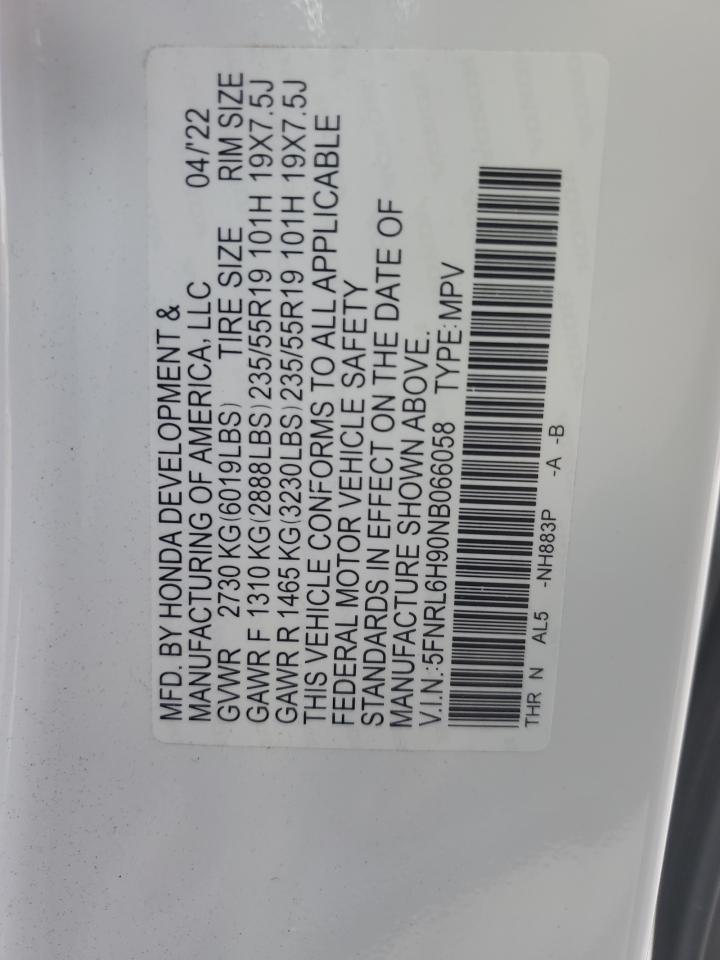 2022 HONDA ODYSSEY ELITE VIN:5FNRL6H90NB066058
