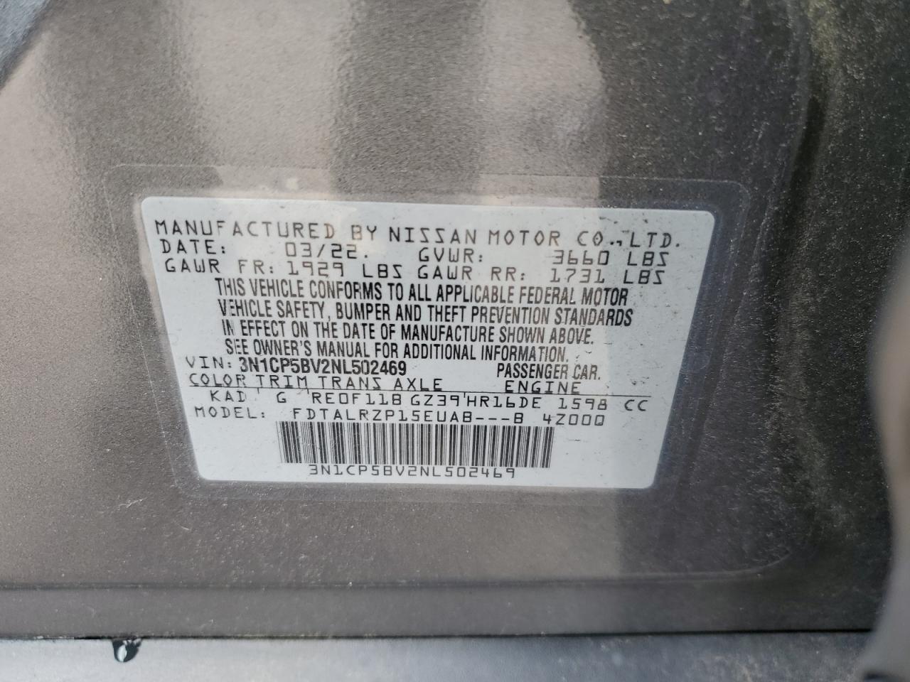 2022 NISSAN KICKS S VIN:3N1CP5BV2NL502469