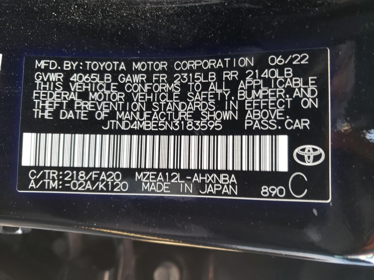 2022 TOYOTA COROLLA SE VIN:JTND4MBE5N3183595