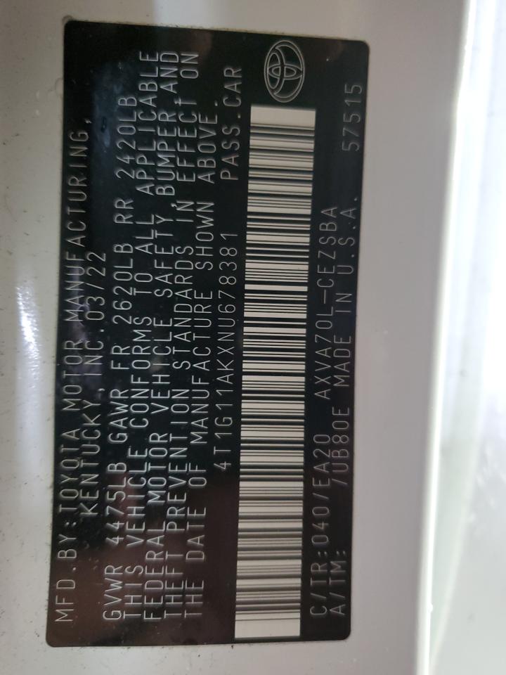 2022 TOYOTA CAMRY SE VIN:4T1G11AKXNU678381