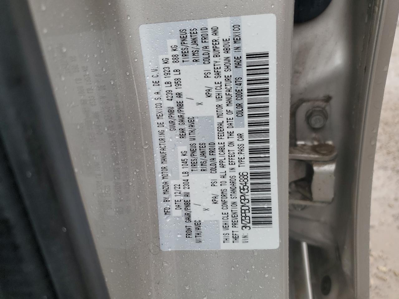 2023 MAZDA 3 PREMIUM VIN:3MZBPBDM3PM354886