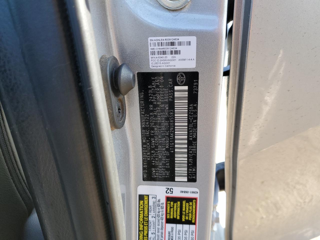 2022 TOYOTA CAMRY SE VIN:4T1G11AK2NU685583