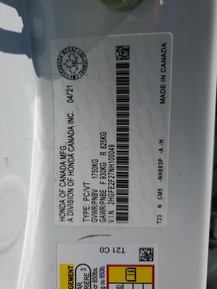 2022 HONDA CIVIC LX VIN:2HGFE2F27NH100049