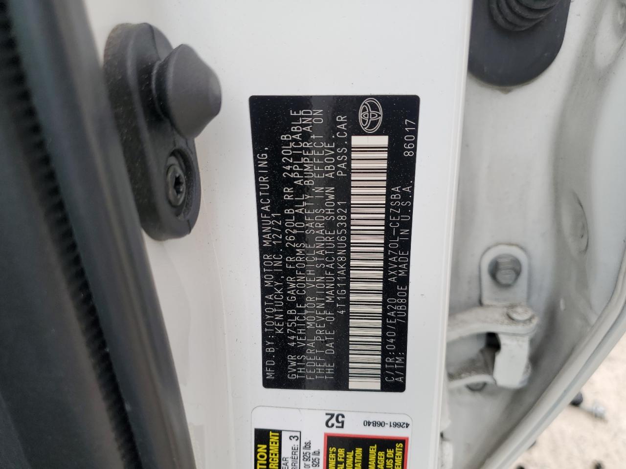 2022 TOYOTA CAMRY SE VIN:4T1G11AK8NU653821