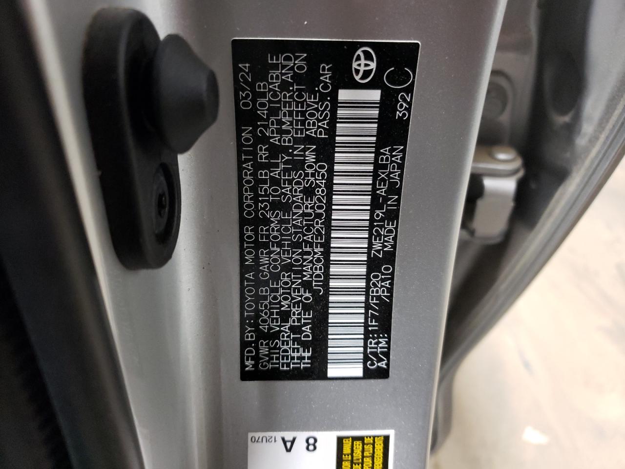2024 TOYOTA COROLLA LE VIN:JTDBCMFE2RJ028450