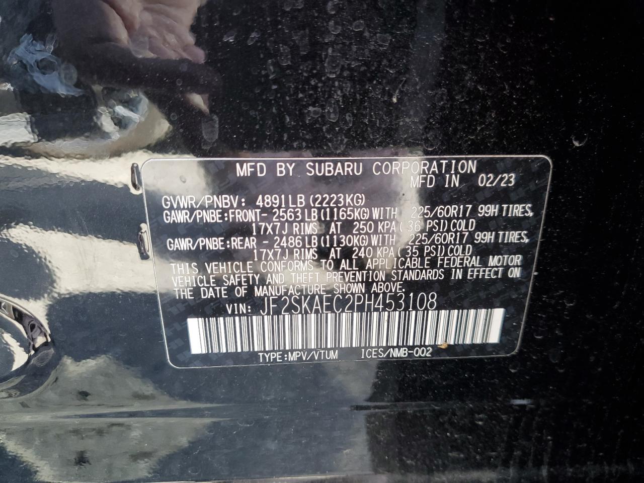 2023 SUBARU FORESTER PREMIUM VIN:JF2SKAEC2PH453108