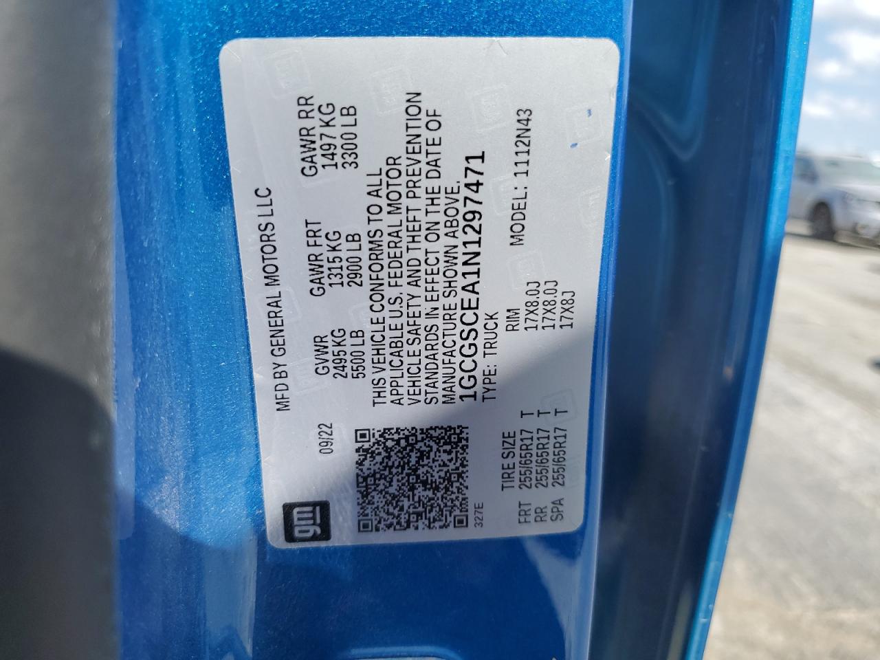 2022 CHEVROLET COLORADO LT VIN:1GCGSCEA1N1297471