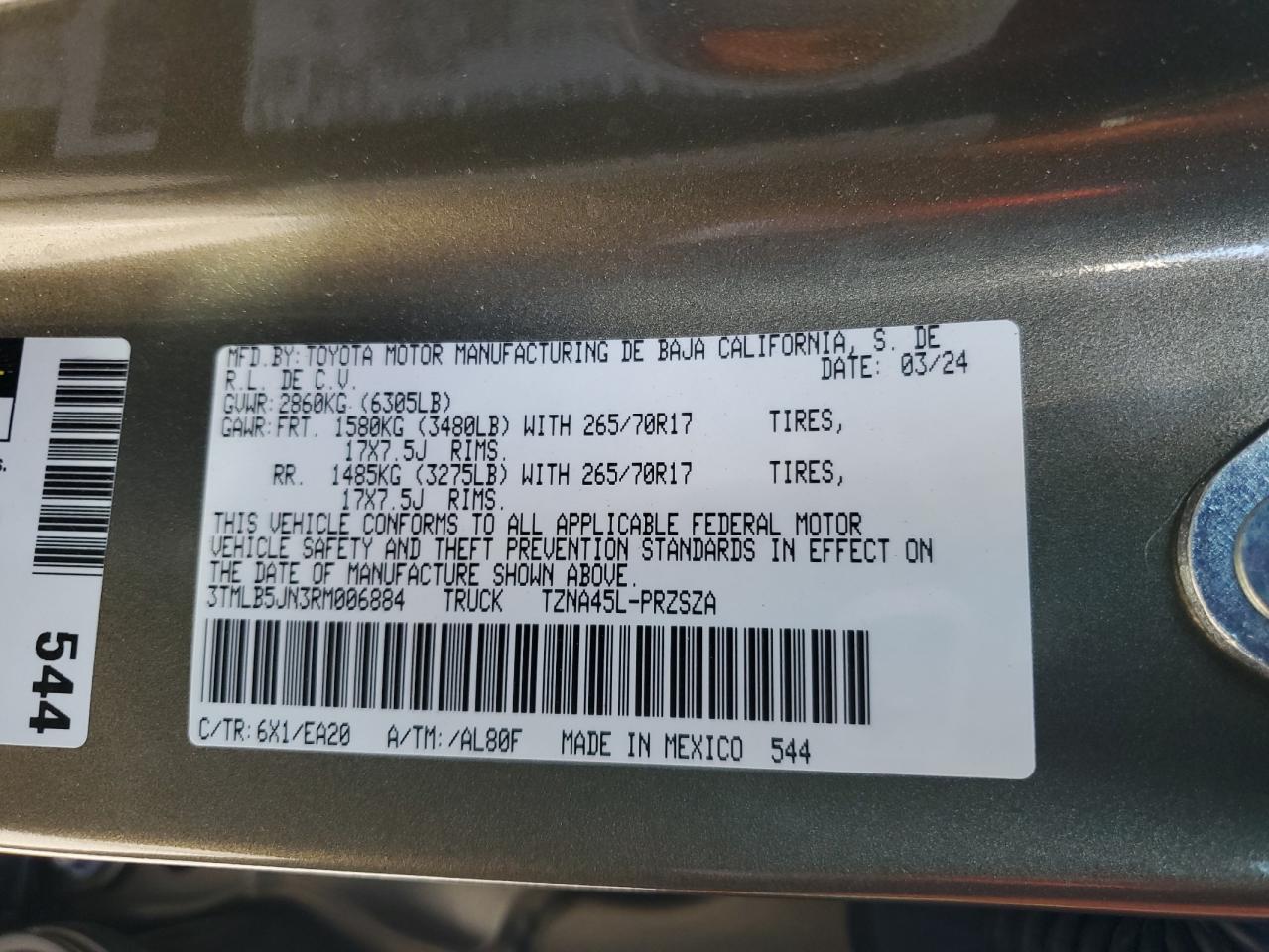 2024 TOYOTA TACOMA DOUBLE CAB VIN:3TMLB5JN3RM006884