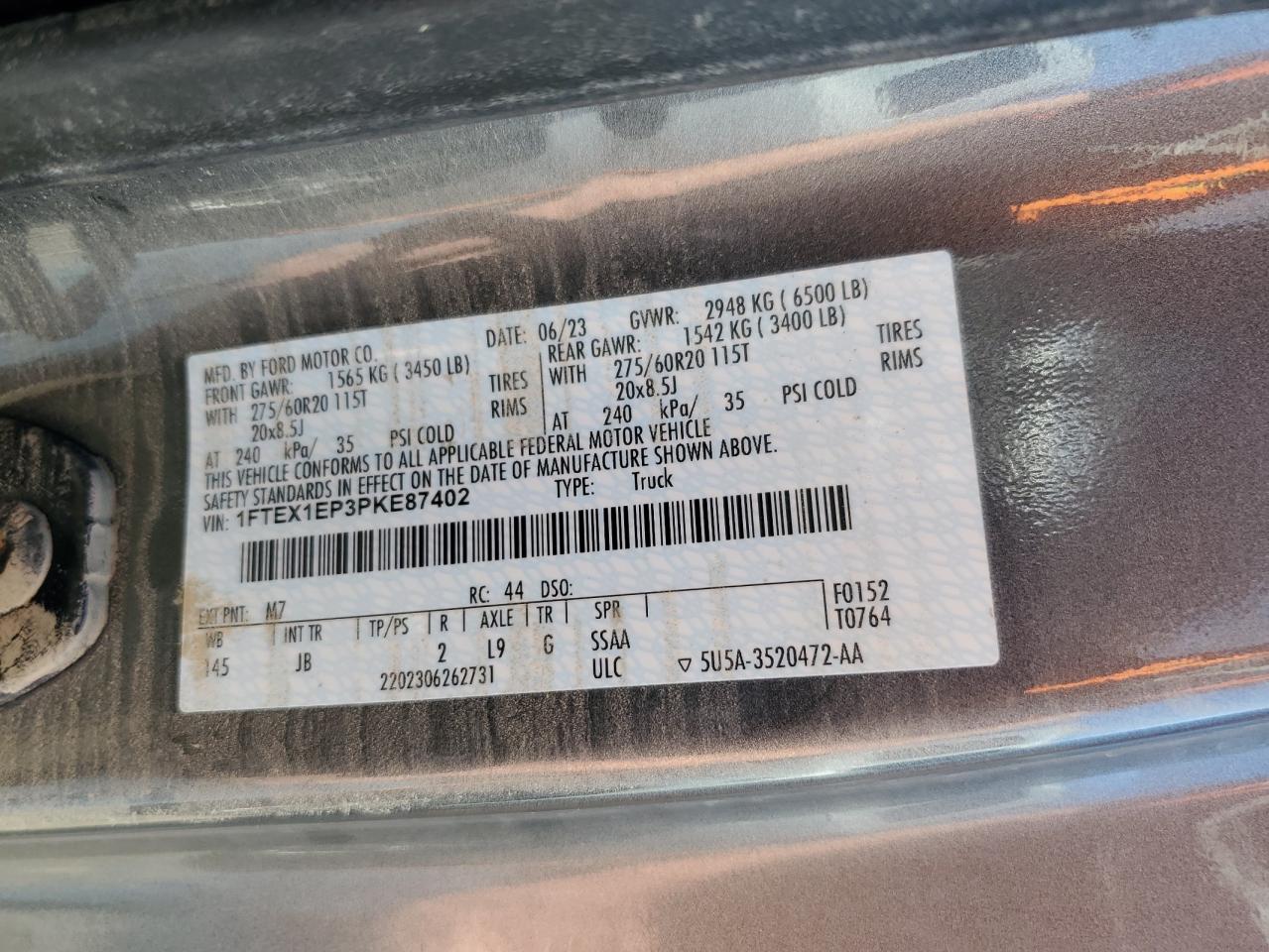 2023 FORD F150 SUPER CAB VIN:1FTEX1EP3PKE87402