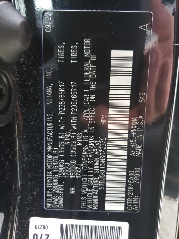2022 TOYOTA SIENNA XLE VIN:5TDJSKFC5NS072375
