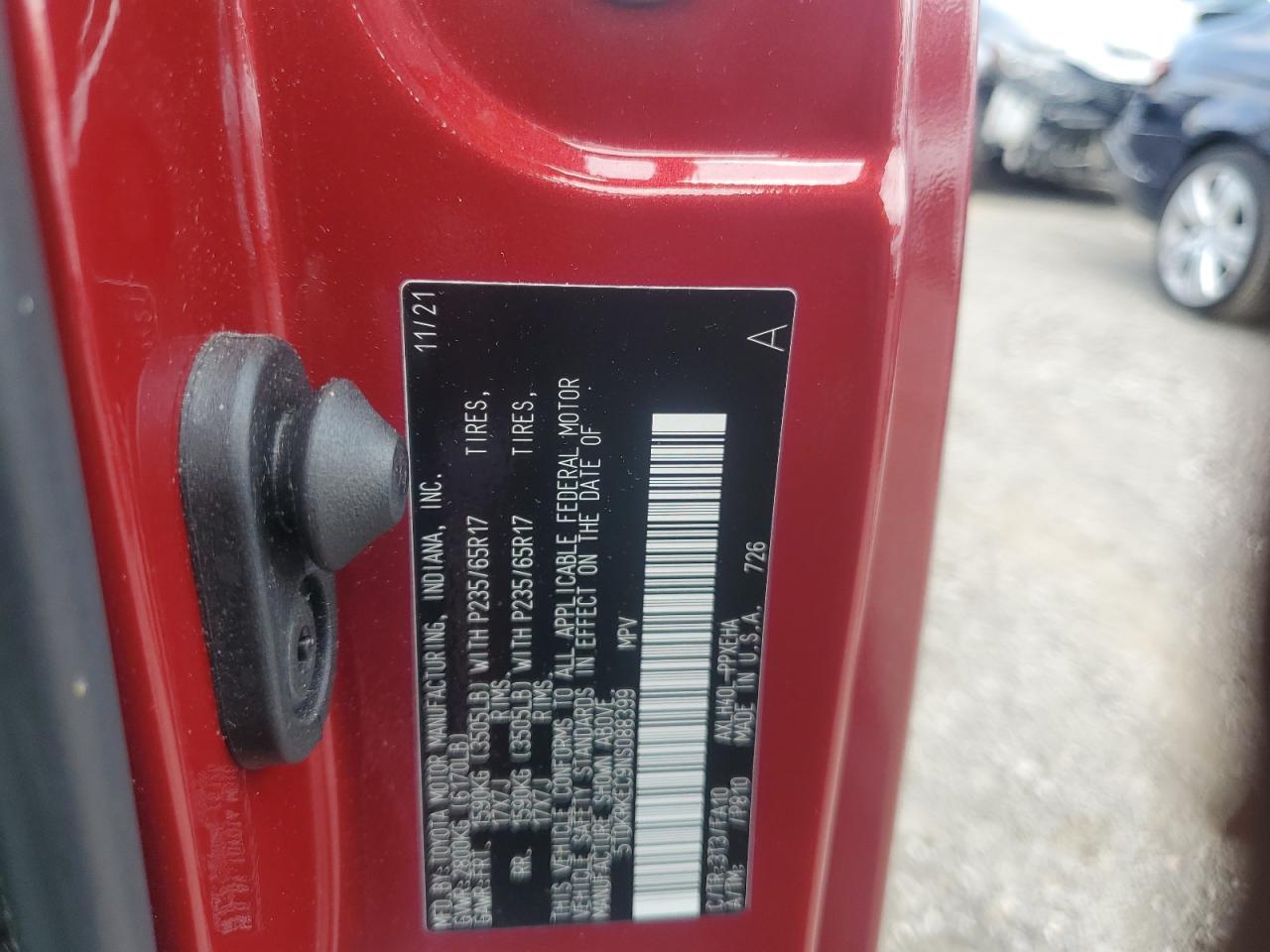 2022 TOYOTA SIENNA LE VIN:5TDKRKEC9NS088399