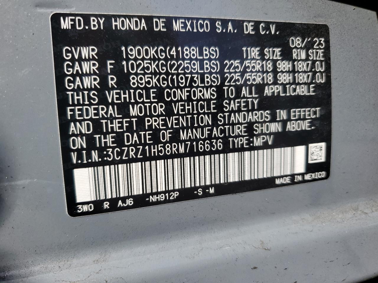 2024 HONDA HR-V SPORT VIN:3CZRZ1H58RM716636