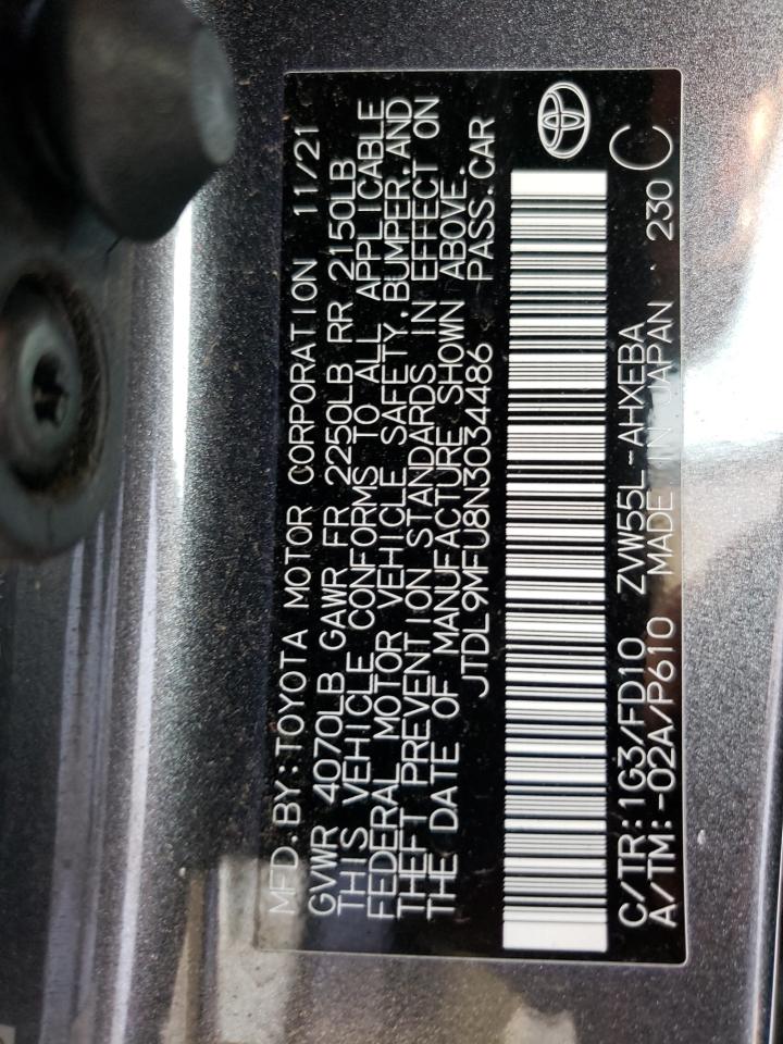 2022 TOYOTA PRIUS LE VIN:JTDL9MFU8N3034486