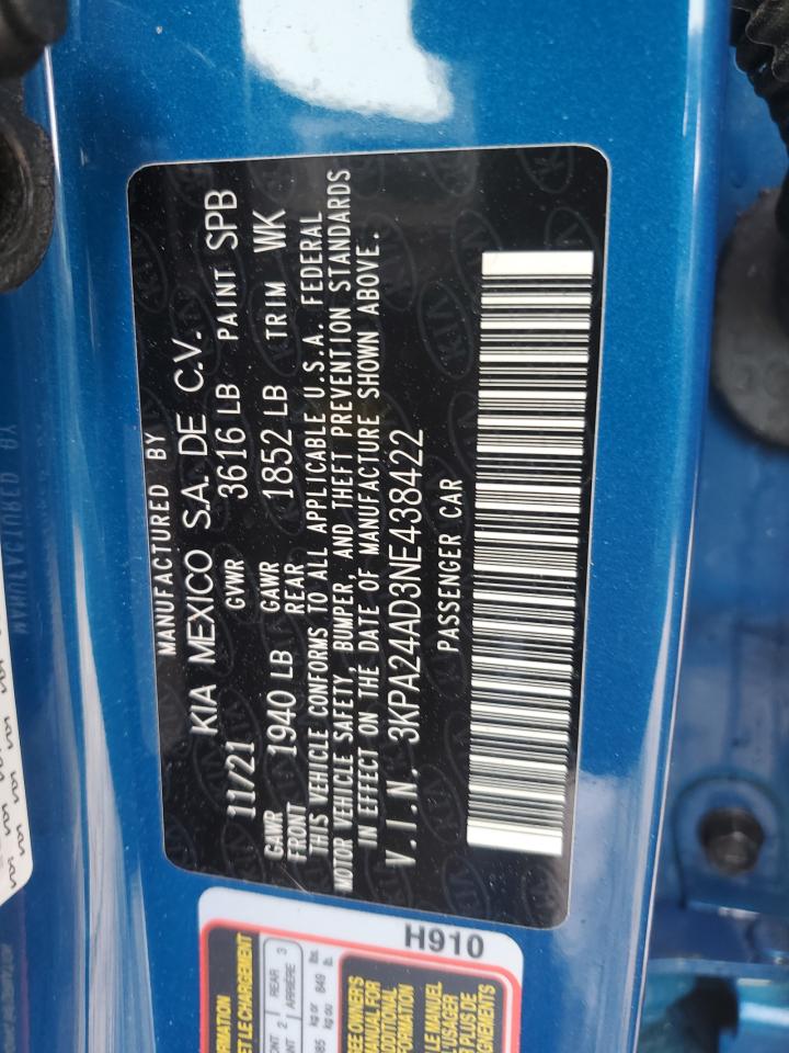 2022 KIA RIO LX VIN:3KPA24AD3NE438422