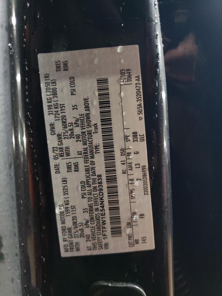 2022 FORD F150 SUPERCREW VIN:1FTFW1E54NKD93838