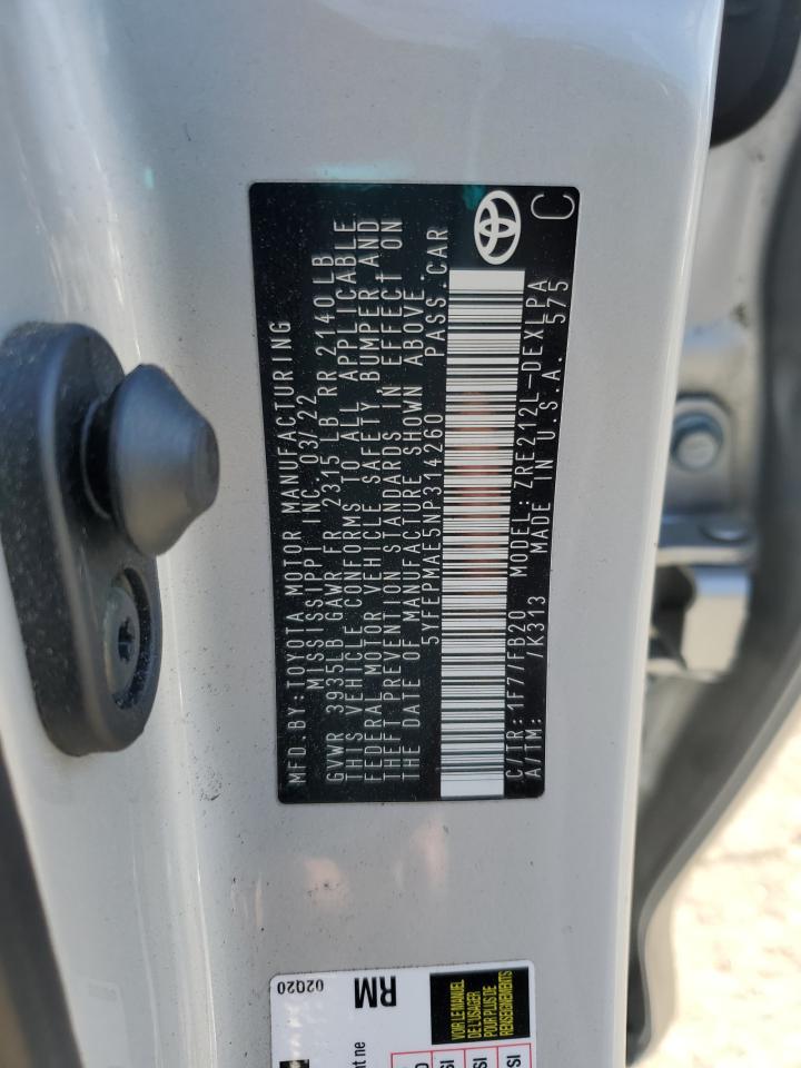 2022 TOYOTA COROLLA LE VIN:5YFEPMAE5NP314260