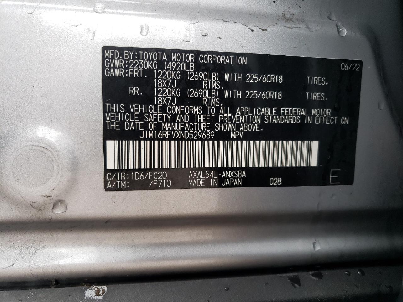 2022 TOYOTA RAV4 SE VIN:JTM16RFVXND529689