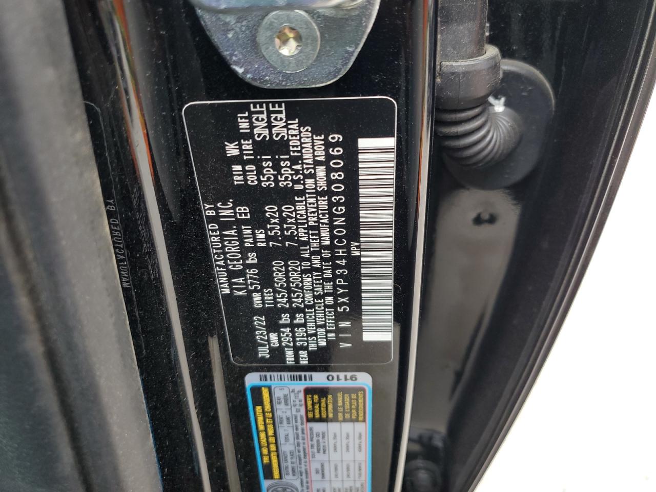 2022 KIA TELLURIDE EX VIN:5XYP34HC0NG308069