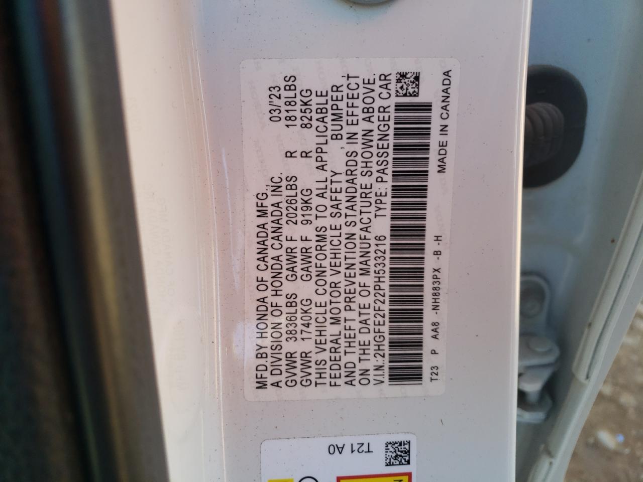 2023 HONDA CIVIC LX VIN:2HGFE2F22PH533216