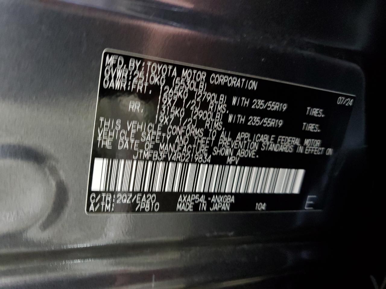 2024 TOYOTA RAV4 PRIME XSE VIN:JTMFB3FV4RD219834