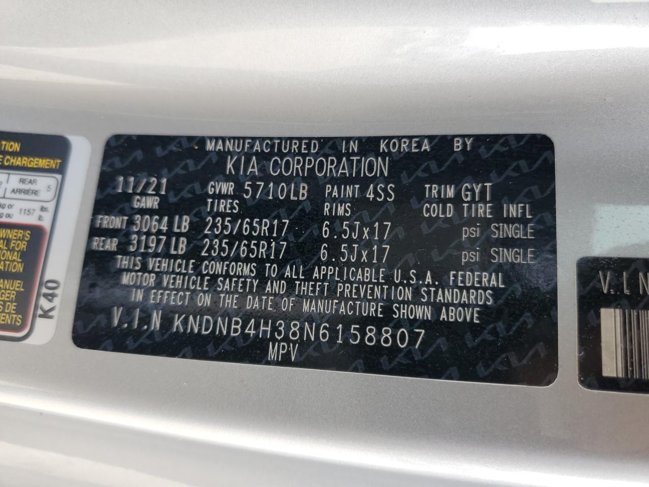 2022 KIA CARNIVAL LX VIN:KNDNB4H38N6158807