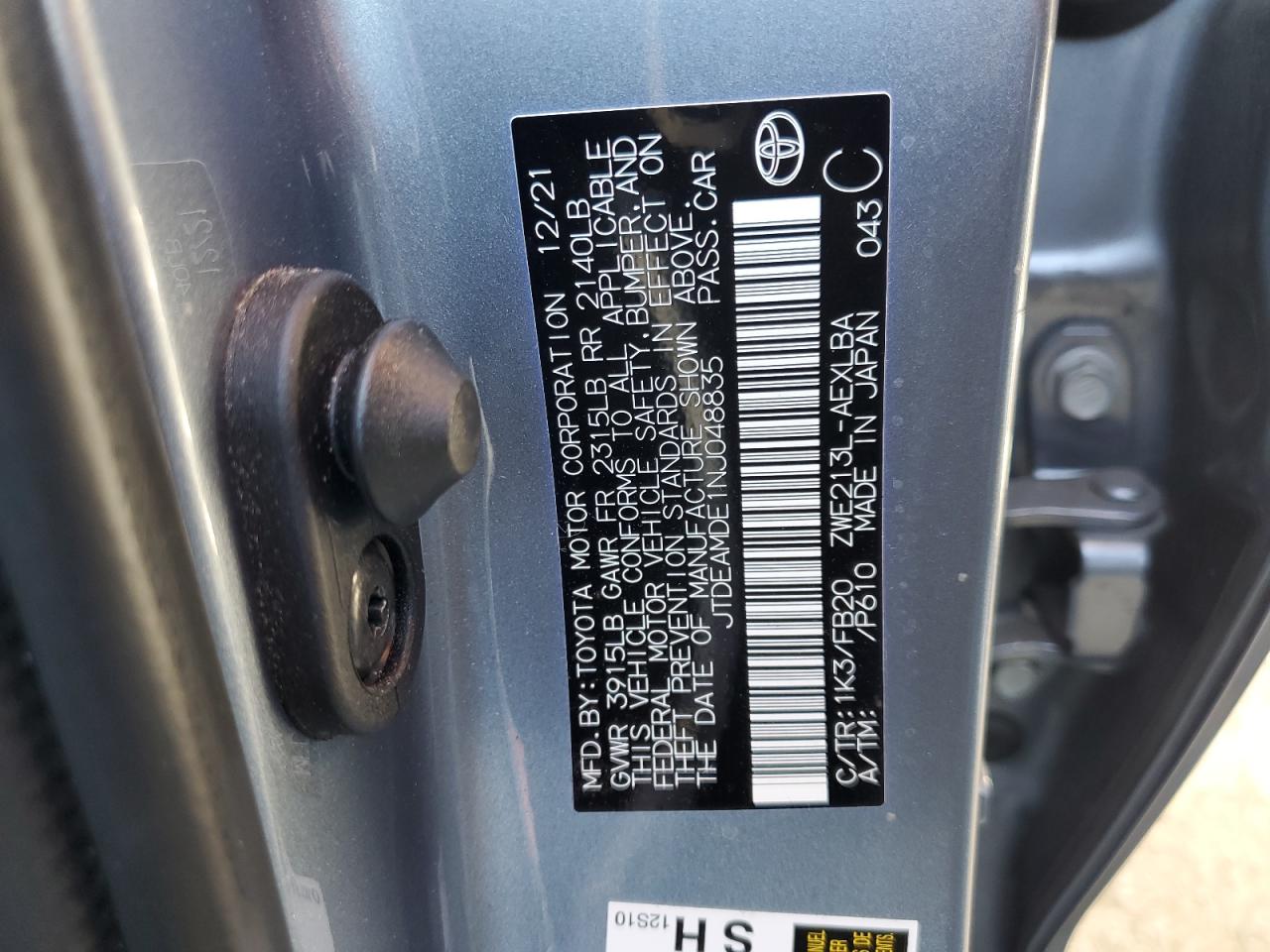 2022 TOYOTA COROLLA LE VIN:JTDEAMDE1NJ048835