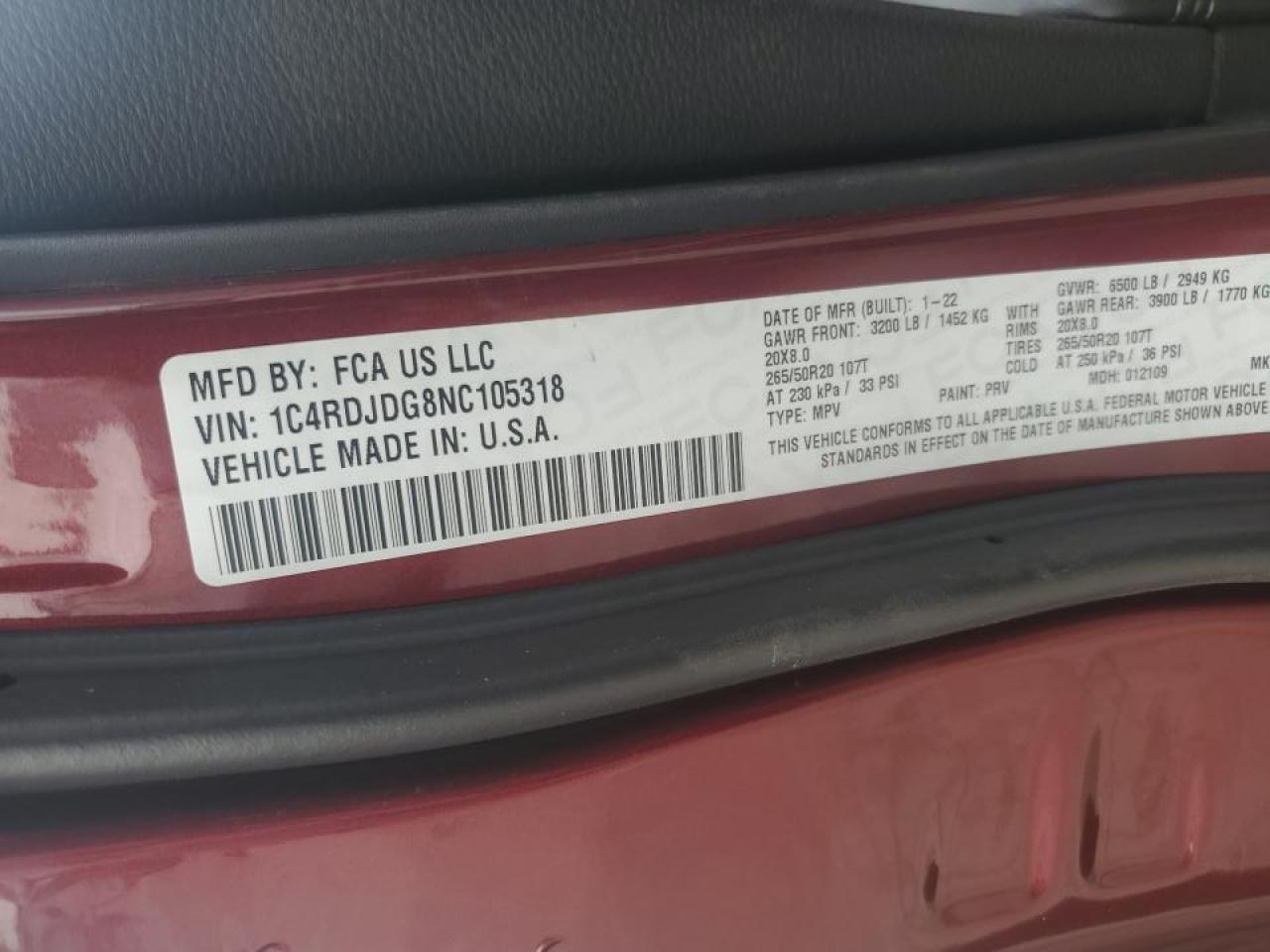 2022 DODGE DURANGO GT VIN:1C4RDJDG8NC105318