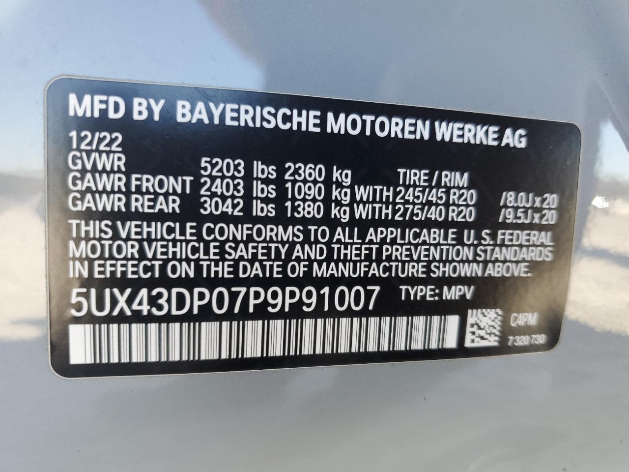 2023 BMW X3 SDRIVE30I VIN:5UX43DP07P9P91007