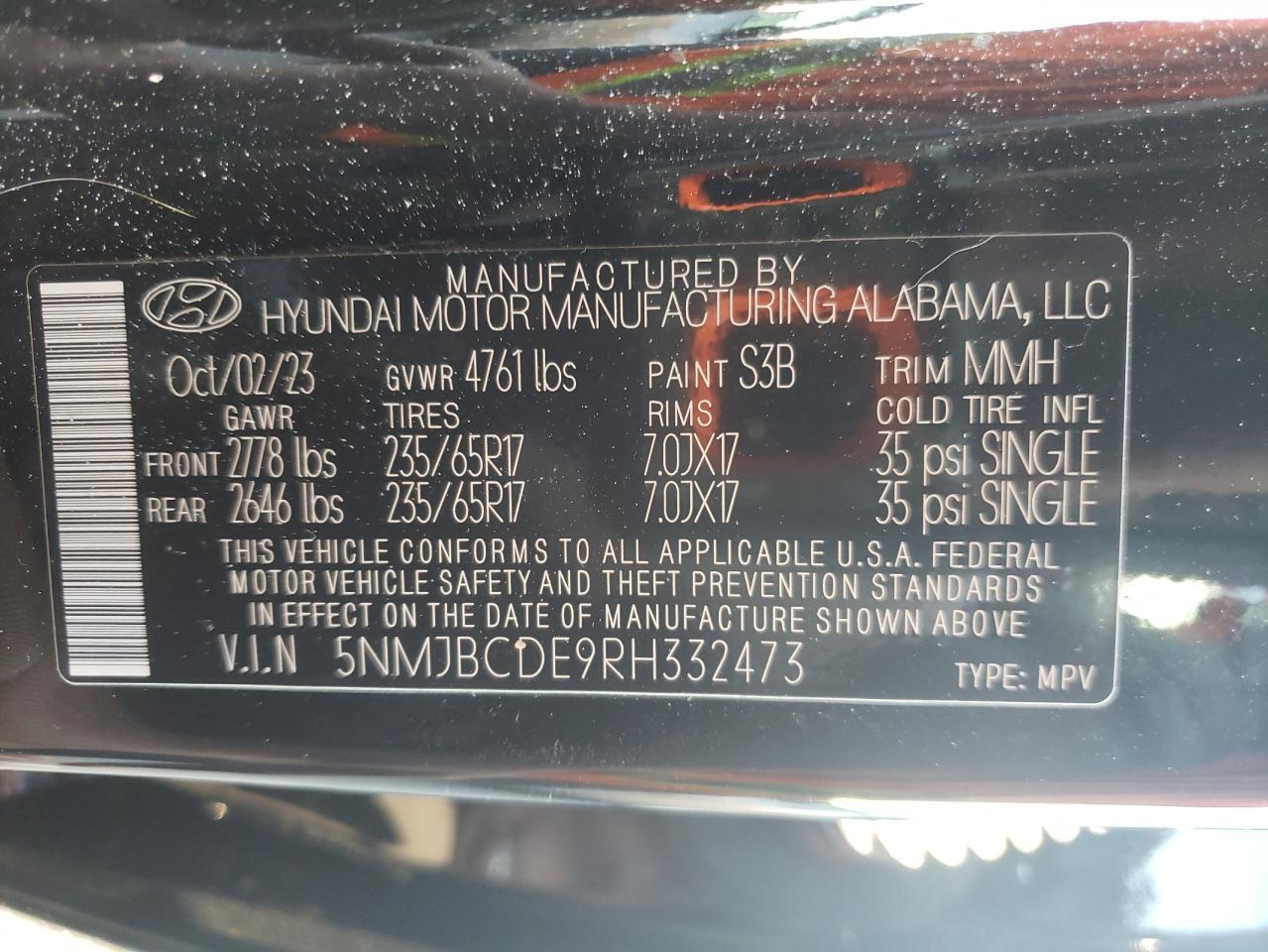 2024 HYUNDAI TUCSON SEL VIN:5NMJBCDE9RH332473