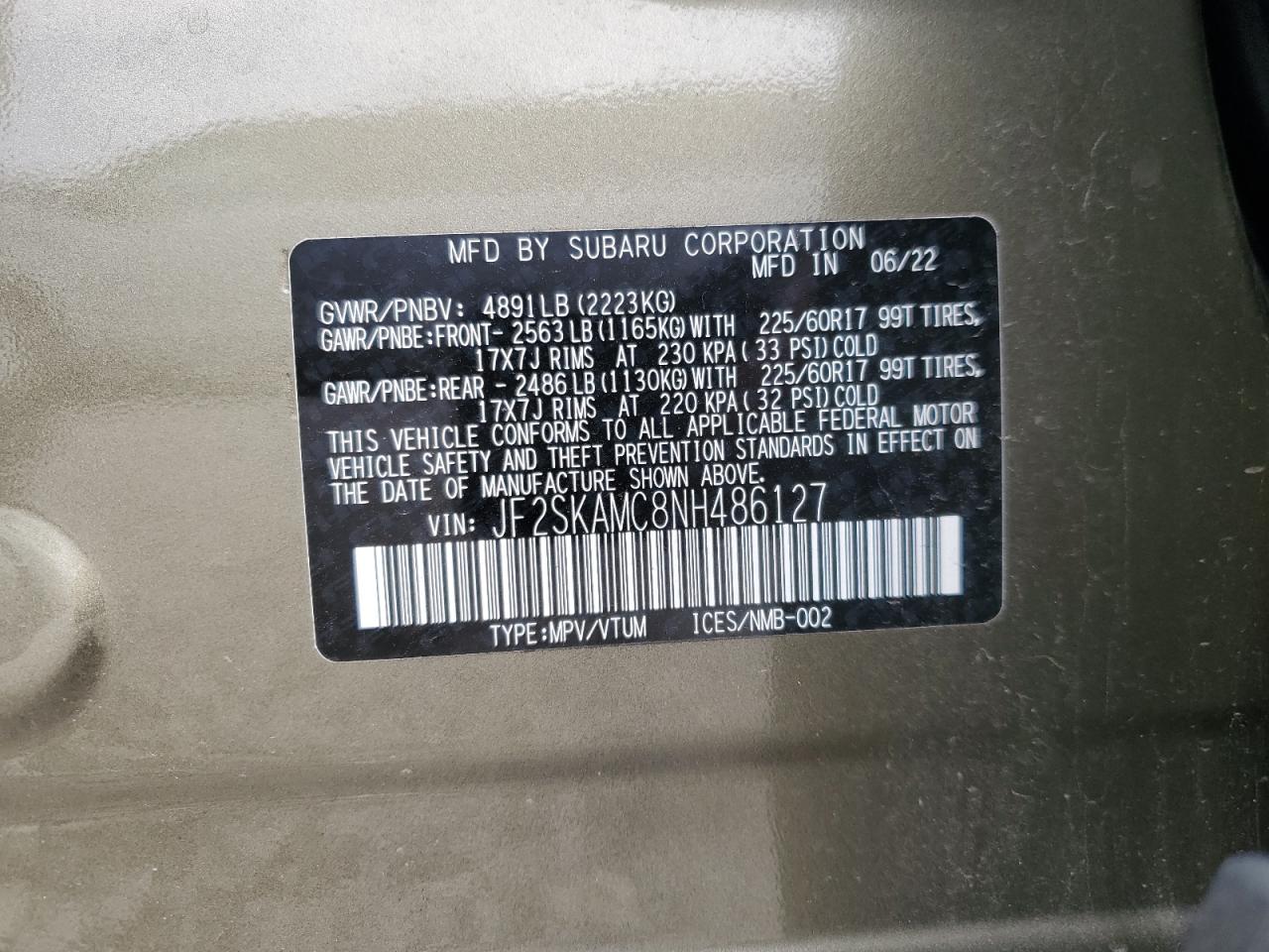 2022 SUBARU FORESTER WILDERNESS VIN:JF2SKAMC8NH486127