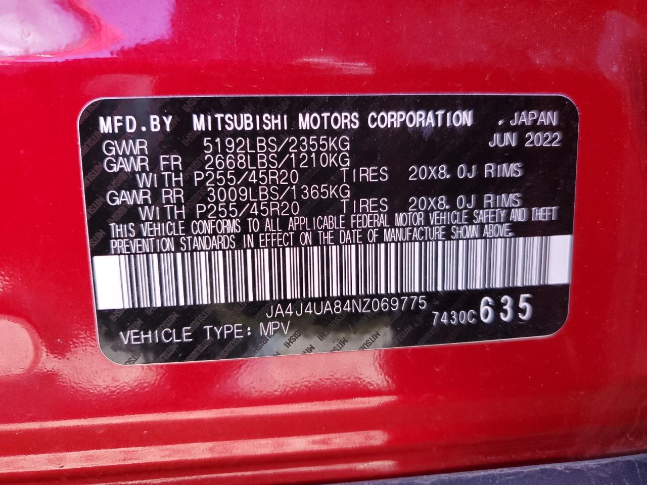 2022 MITSUBISHI OUTLANDER SE VIN:JA4J4UA84NZ069775