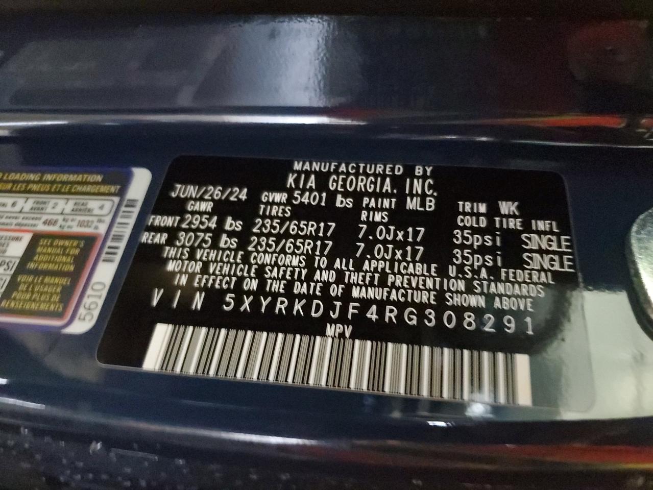 2024 KIA SORENTO SX VIN:5XYRKDJF4RG308291