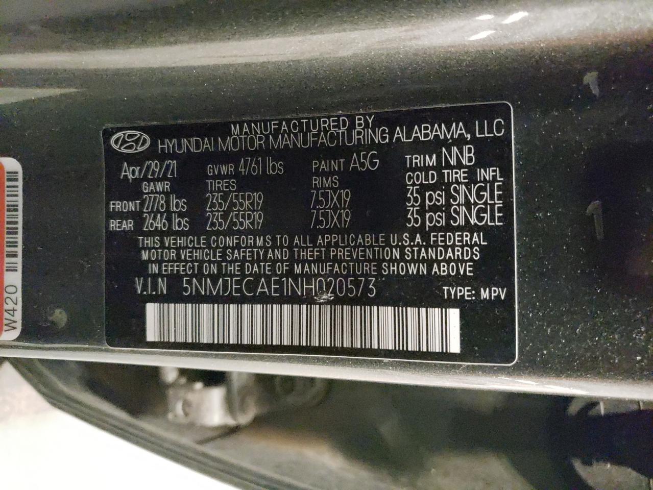 2022 HYUNDAI TUCSON LIMITED VIN:5NMJECAE1NH020573