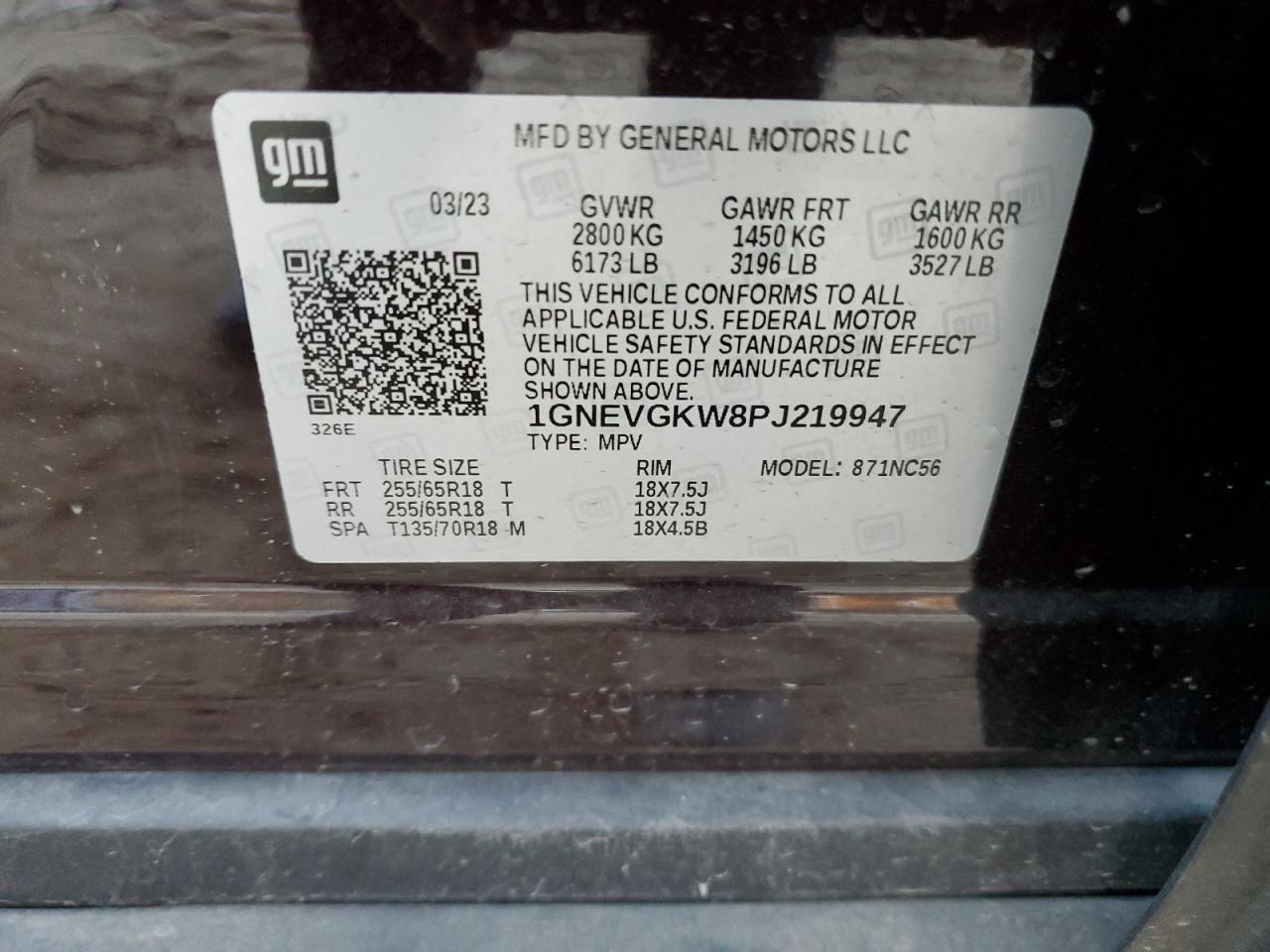 2023 CHEVROLET TRAVERSE LT VIN:1GNEVGKW8PJ219947