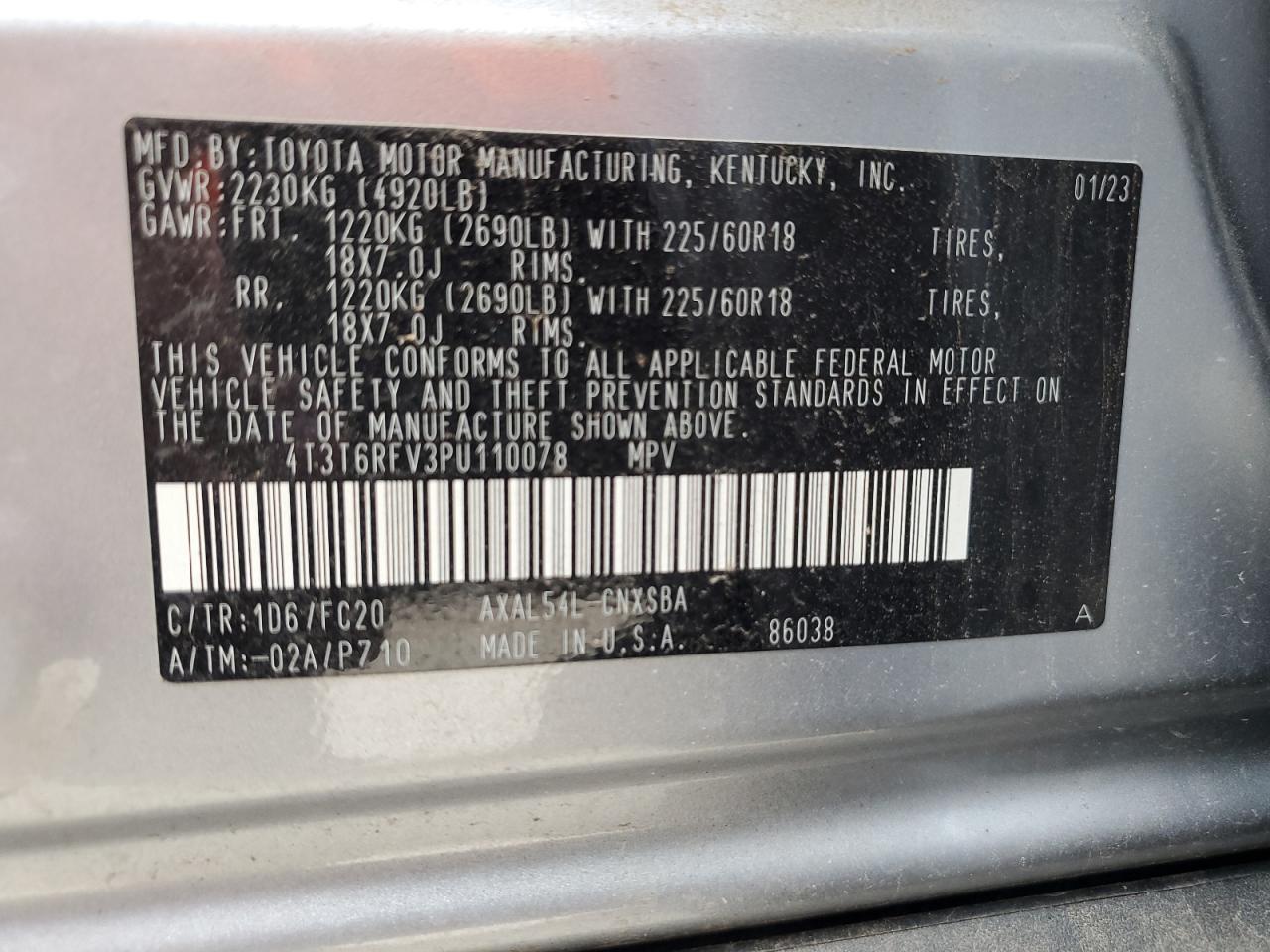 2023 TOYOTA RAV4 SE VIN:4T3T6RFV3PU110078