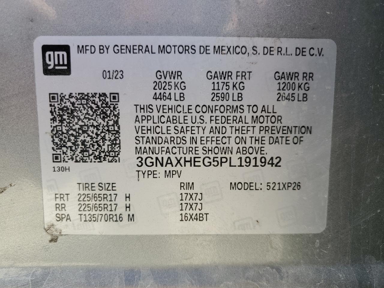 2023 CHEVROLET EQUINOX LS VIN:3GNAXHEG5PL191942