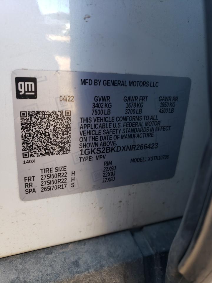 2022 GMC YUKON SLT VIN:1GKS2BKDXNR266423