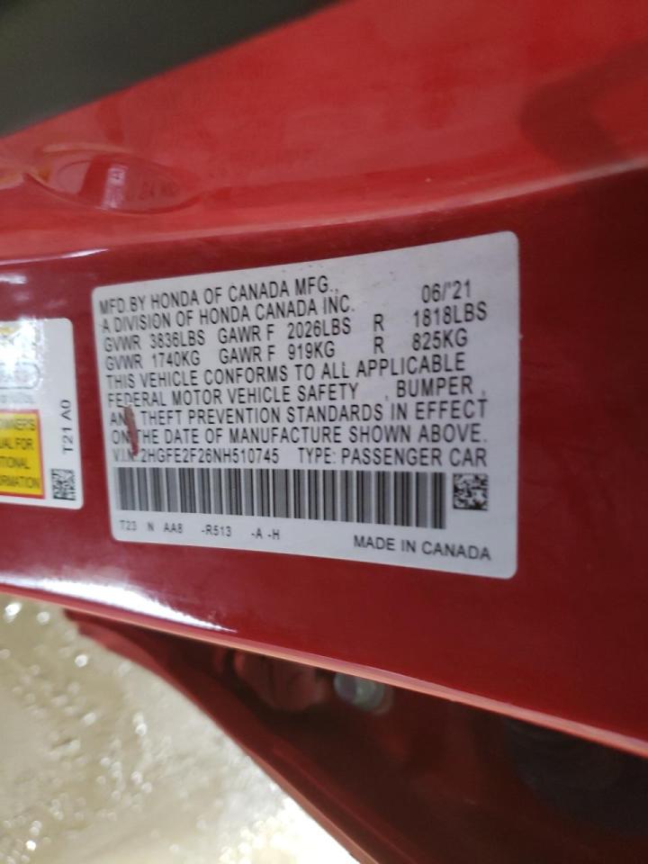 2022 HONDA CIVIC LX VIN:2HGFE2F26NH510745