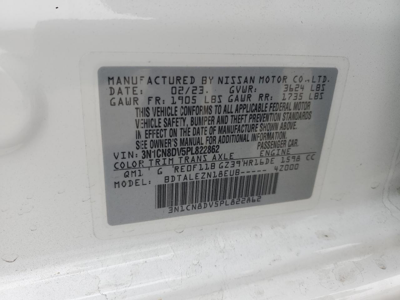 2023 NISSAN VERSA S VIN:3N1CN8DV5PL822862