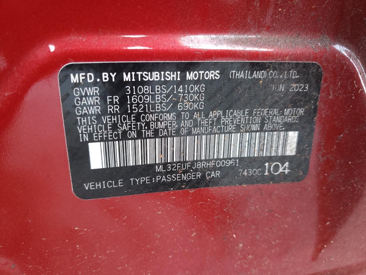 2024 MITSUBISHI MIRAGE G4 ES VIN:ML32FUFJ8RHF00961